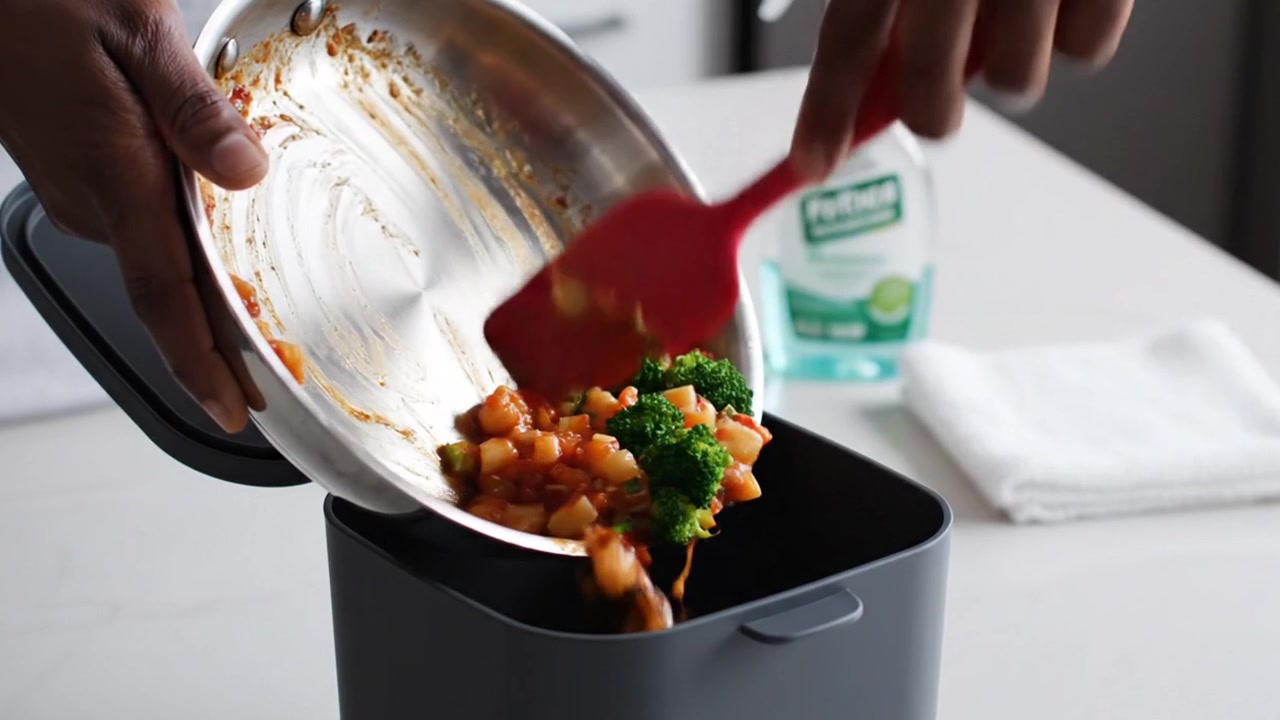 Persona che smaltisce rifiuti alimentari nel contenitore per il compostaggio in cucina
