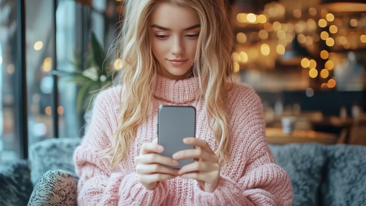 женщина использует смартфон в кафе