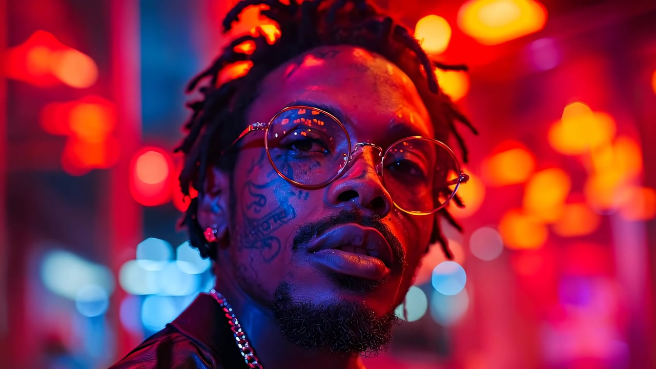 Kırmızı neon ışık altında dreadlock'lı bir adamın portresi. Canlı kırmızı ve mavi stüdyo ışıklarıyla aydınlatılmış, gözlüklü ve yüz dövmeli Siyah bir erkeğin yakın çekim yüzü.