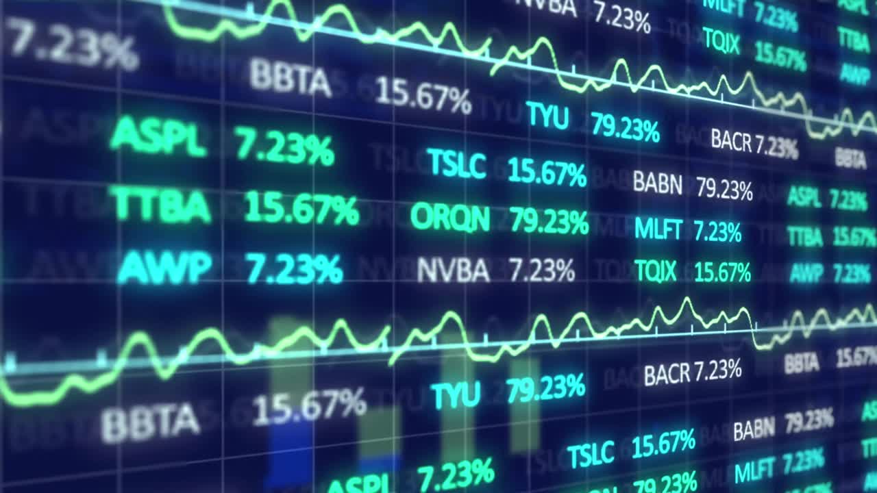 Animazione di elaborazione di dati statistici e di borsa su rete a griglia su sfondo blu