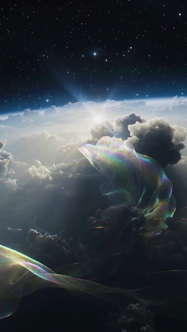 Vertical video: Drifting ribbons refracting sunlight while sun rising above clouds at limb, stars