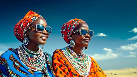 two women wearing colorful headscarves and sunglasses in the desert