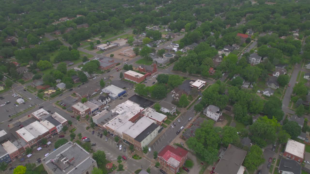Drone Aerial floating over a small town of Liberty where they have a Jail a Mormon Visitor Center in Liberty Missouri