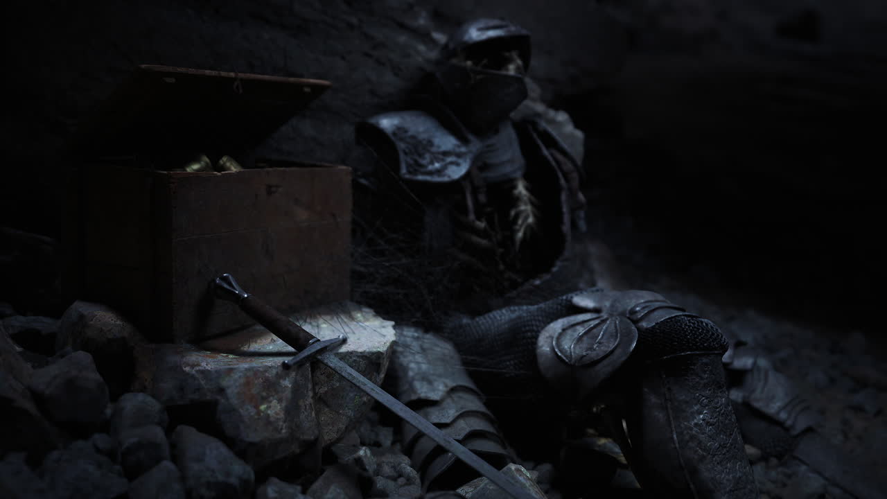 Knight resting in a cave near treasure chest as shadows loom