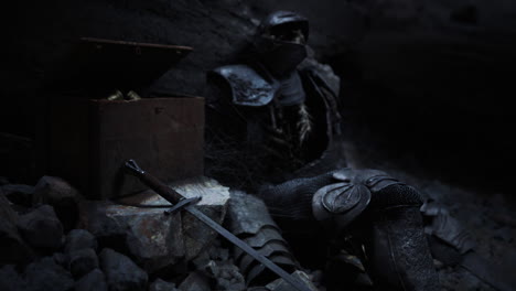 knight resting in a cave near treasure chest as shadows loom
