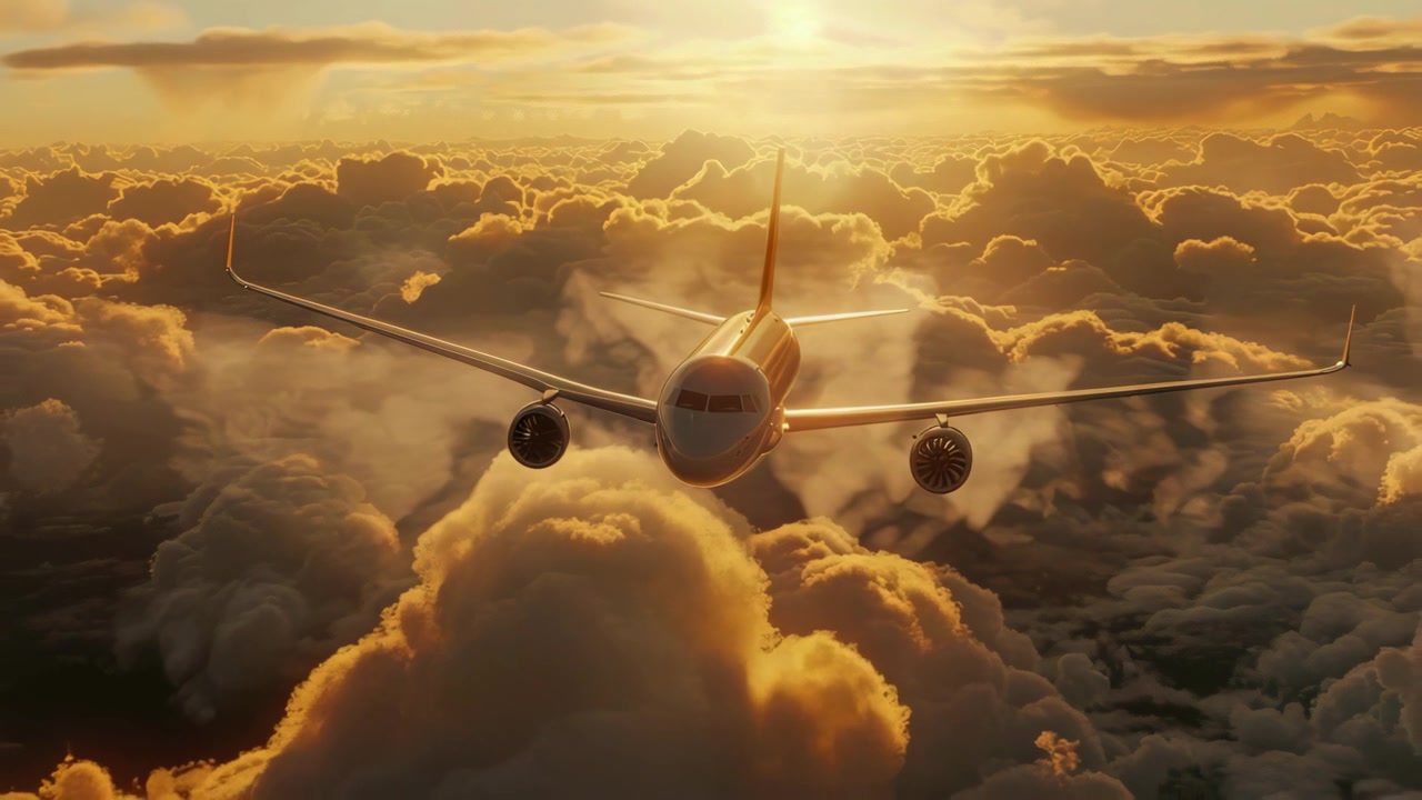 Avión comercial volando entre nubes doradas durante el atardecer