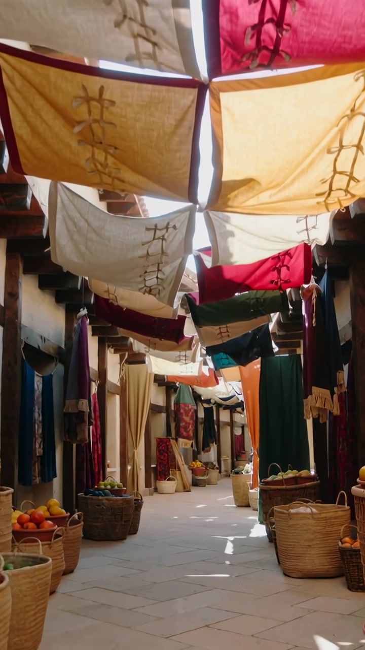 Vertical video: First shot starting camera moving down market corridor revealing canopy and baskets