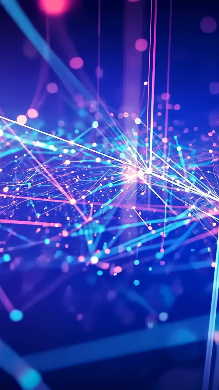 Vertical video: Initializing glowing network constructing 3D mesh in space, with pulsing data nodes