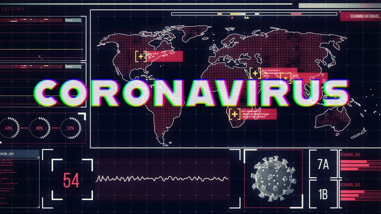 video compuesto digital del texto del coronavirus contra el mapa del mundo interfaz digital en el fondo
