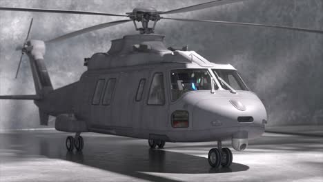 grey military helicopter in hangar