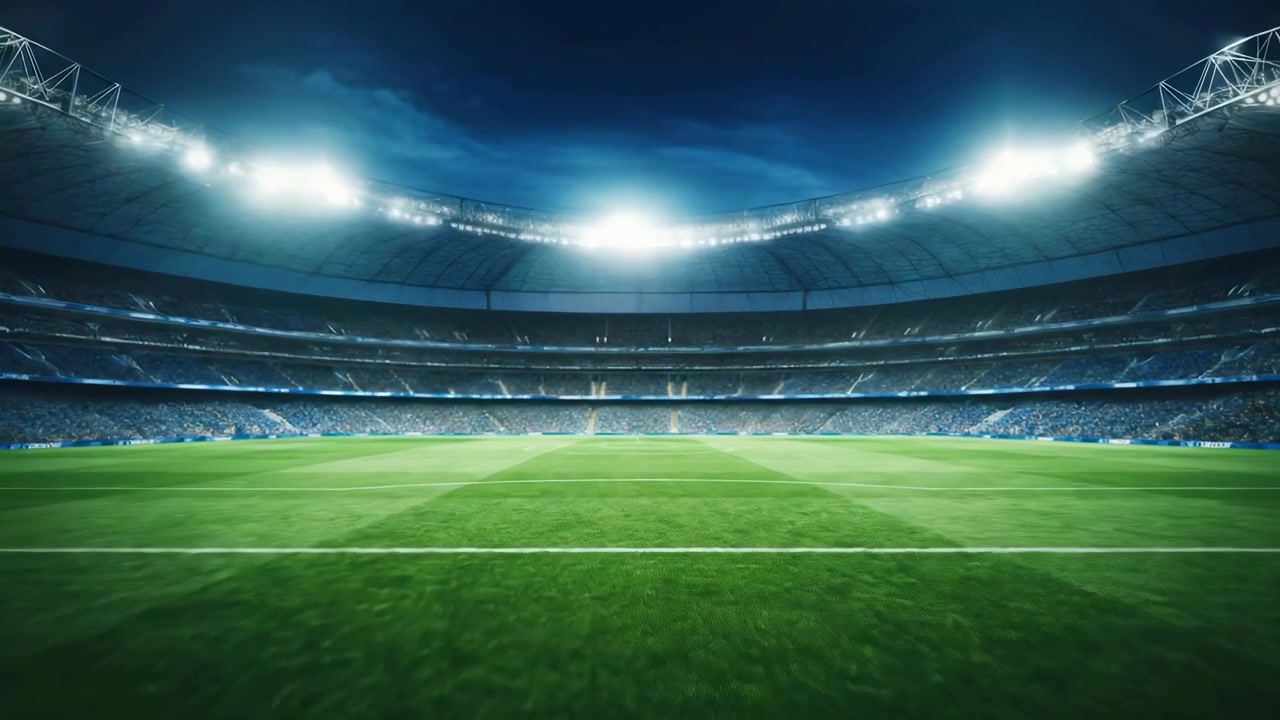 Campo di uno stadio di calcio illuminato con spettatori di notte