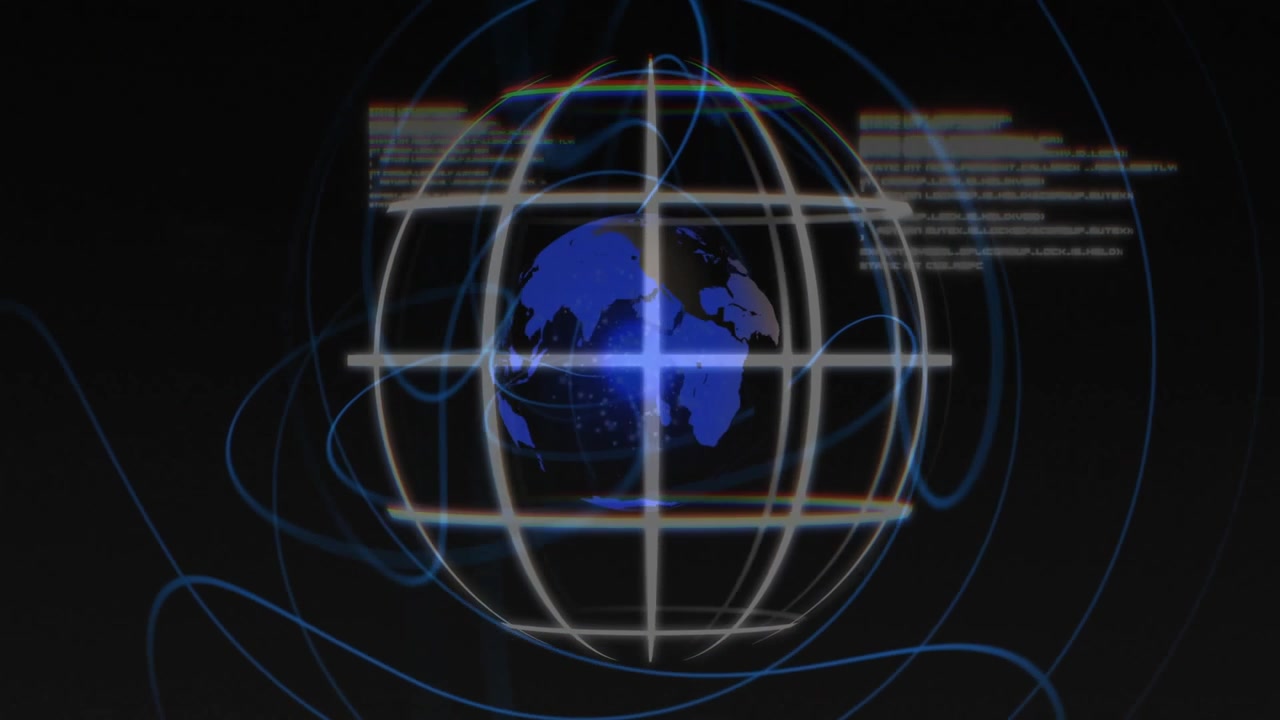 On playback, digital globe rotating, core pulsing, ribbons orbiting, HUD sliding, visualizing data