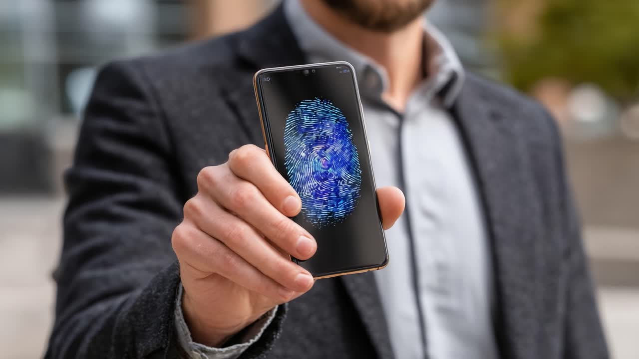 A modern smartphone displaying an intricate fingerprint pattern, showcasing advanced biometric security features and user authentication technology in a stylish urban setting