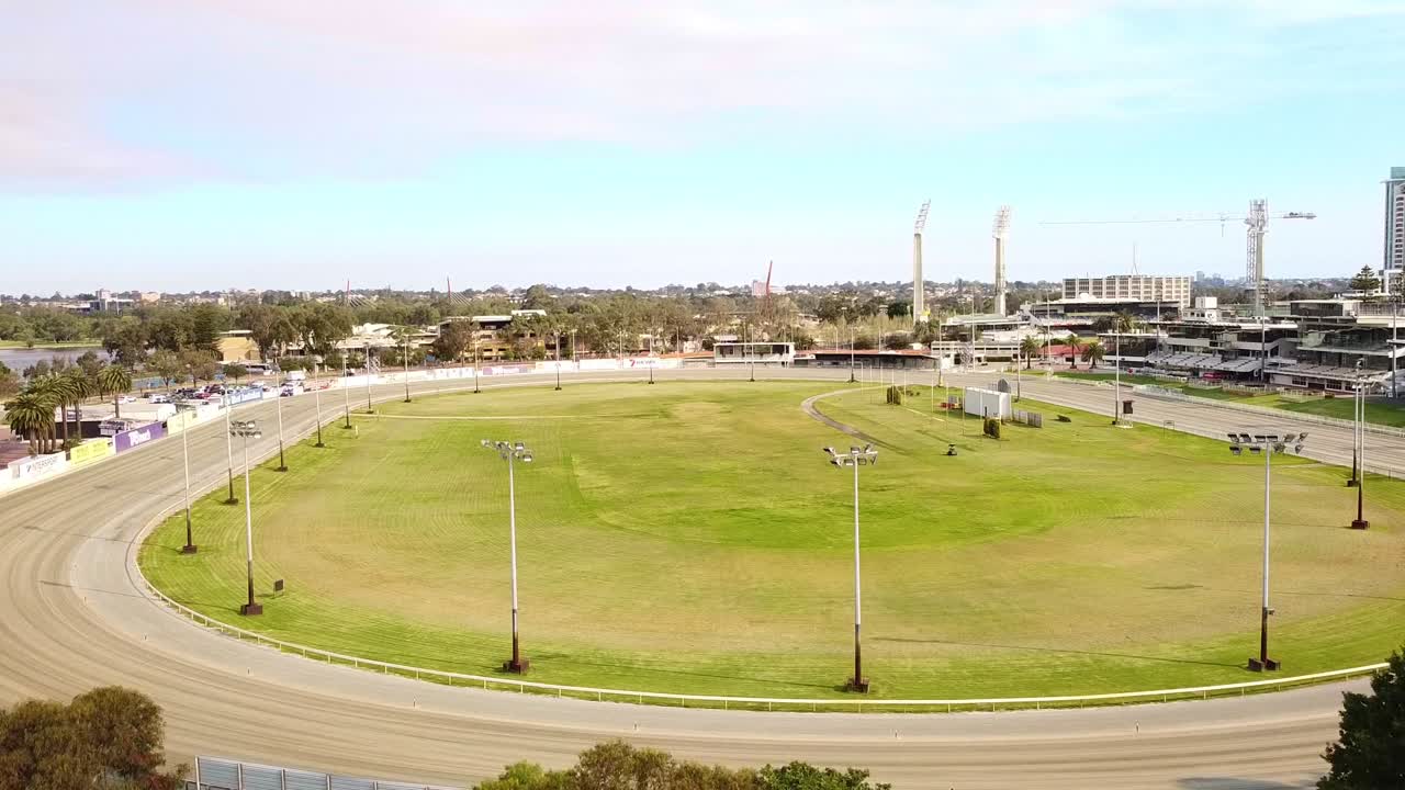 Aerial ascending view of Gloucester Park Racecourse, east Perth
