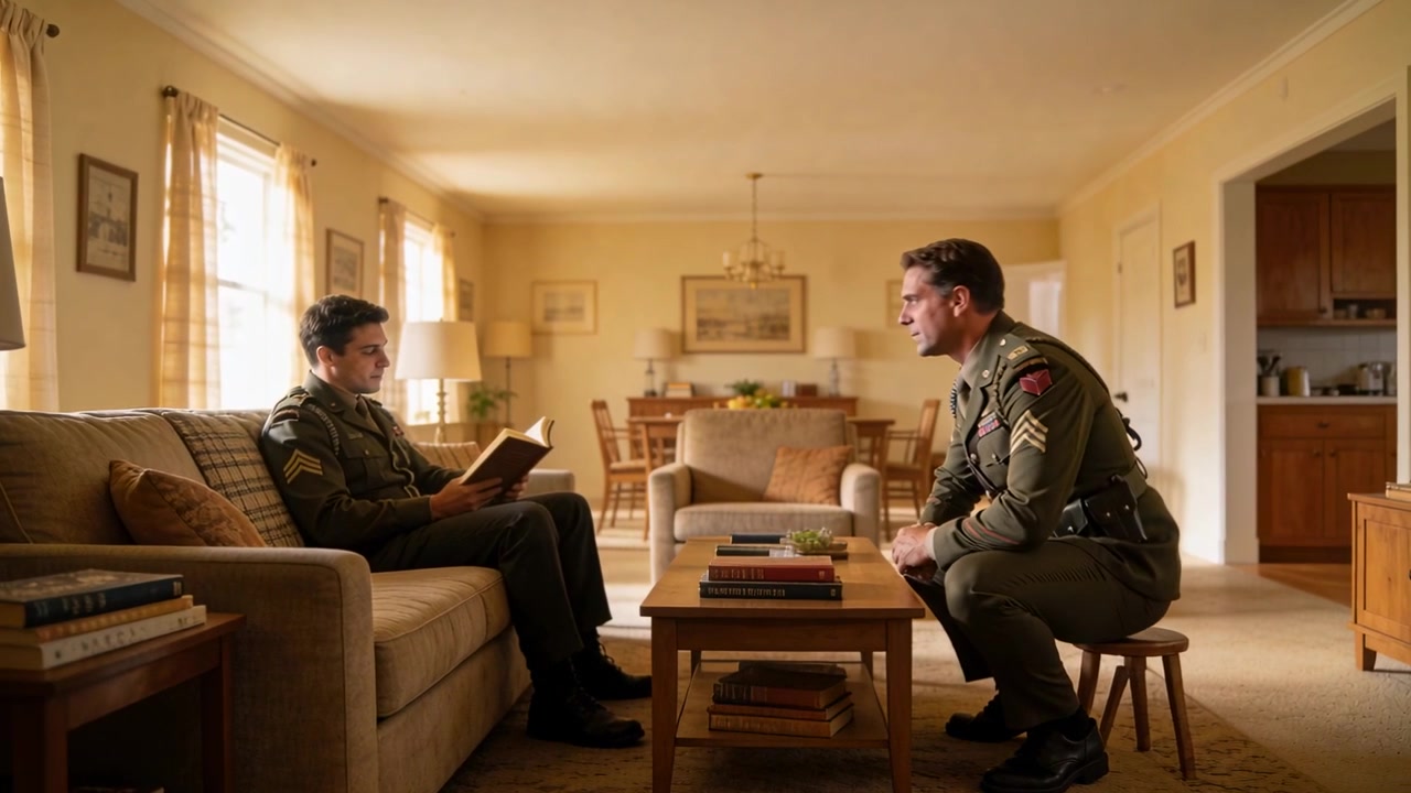 Entering uniformed sergeant walking across living room, sitting on stool briefing reader with book