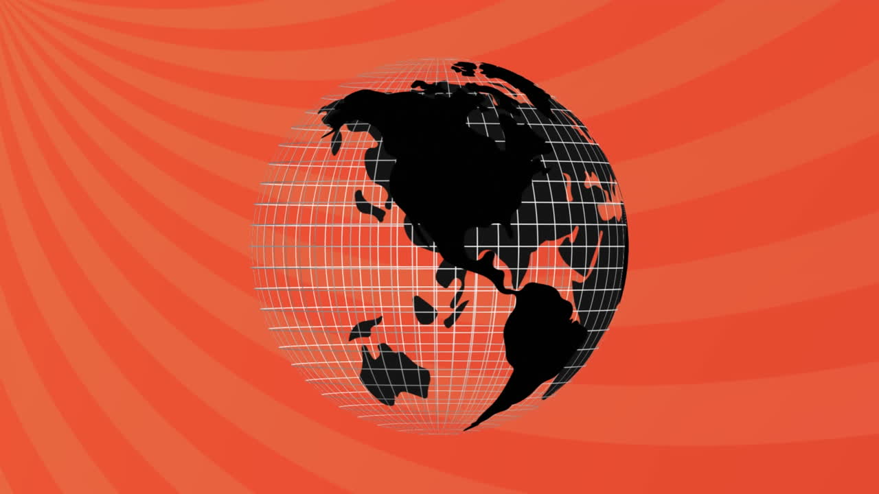 Digital animation of spinning globe icon against moving radial rays on orange background