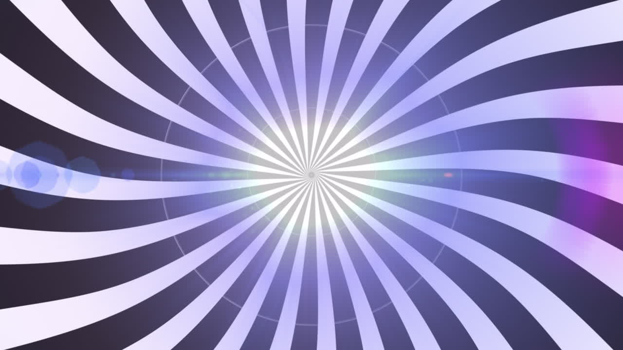 Animation of looping circles over sunburst pattern against lens flares on black background