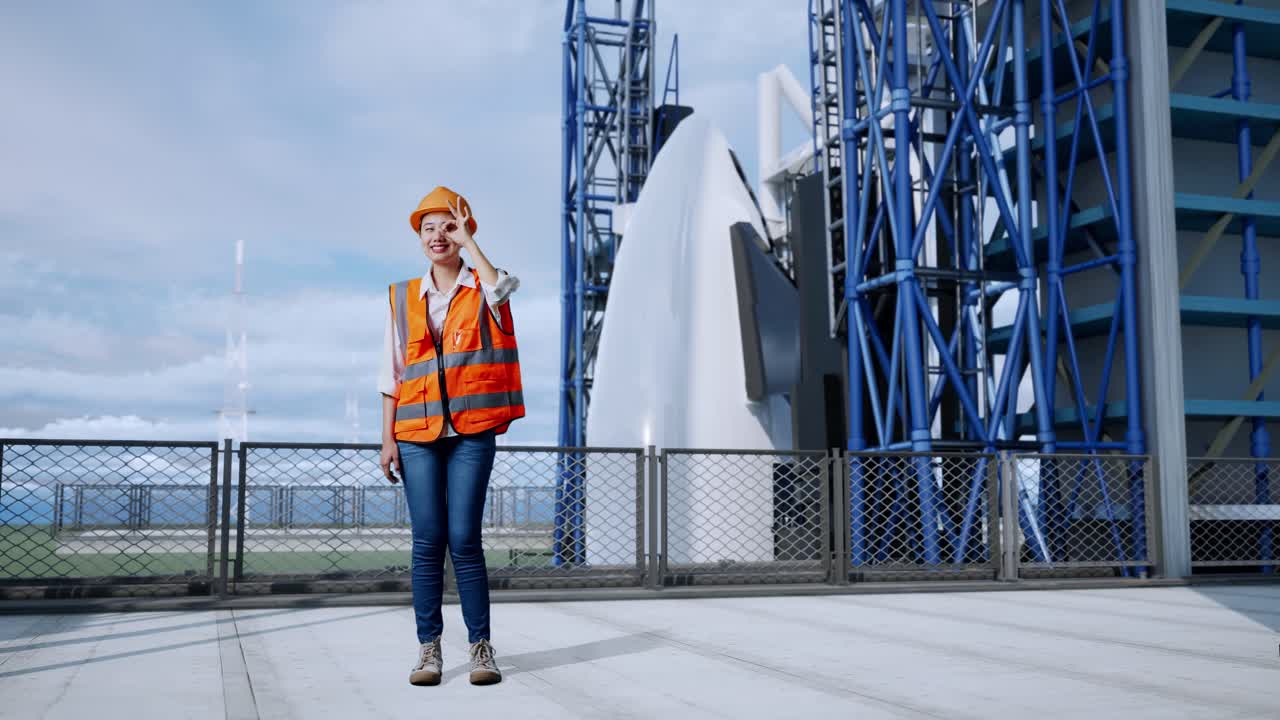 안전 헬을 입은 아시아 여성 엔지니어의 몸이 가득 차 있습니다. 우주왕복선과 함께 서 있는 동안 눈 위에 손 표지판을 보여주고 카메라에 미소 짓고 있습니다.