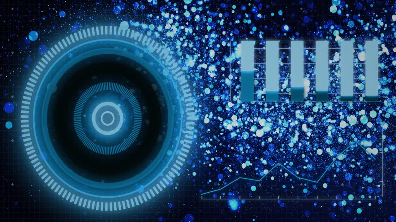 검은 바탕에 파란색 입자에 대한 원형 스캐너의 애니메이션과 데이터 처리