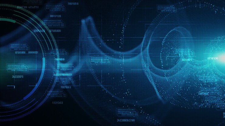 Hi-tech HUD and data with blue color digital particles flow future motion background concept