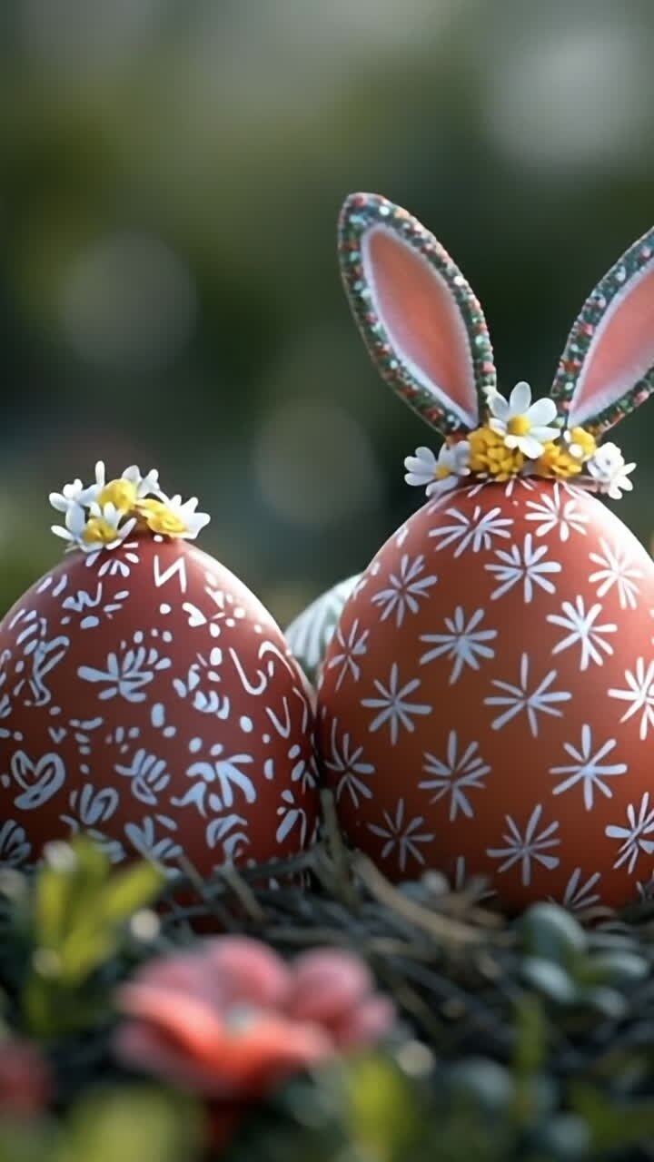Colorful Easter eggs nestled in flowers. Decorative Easter eggs with floral designs are placed among vibrant blossoms in a natural setting during springtime.
