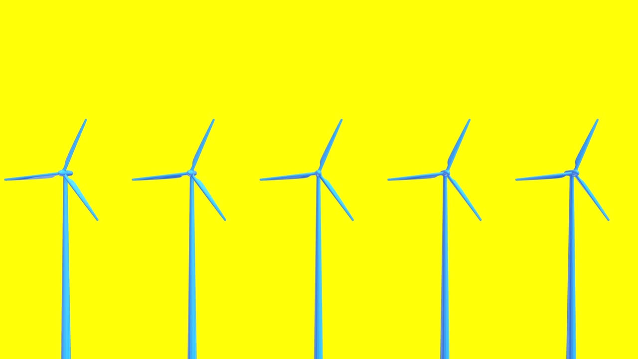 단순한 배경에 고립 된 다채로운 만화 작업 풍력 터빈, 에너지 저장 시스템의 창의적 미니멀리즘 개념, 루프 가능한 디지털 3d 애니메이션.