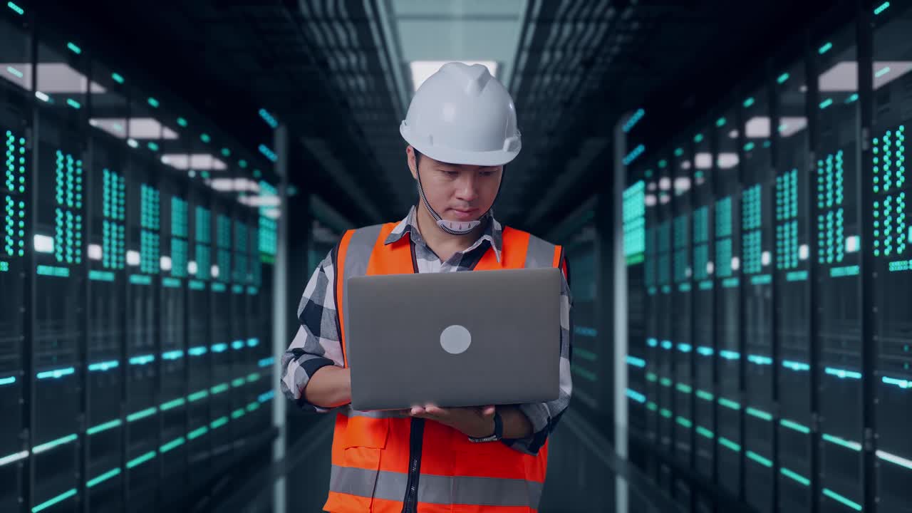 Asian Male Engineer With Safety Helmet Working On A Laptop While Standing in Server Room Data Center