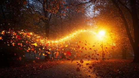 A Mystical Autumn Evening: Leaves Dancing in the Glow of Streetlights amid a Dreamy Foggy Landscape