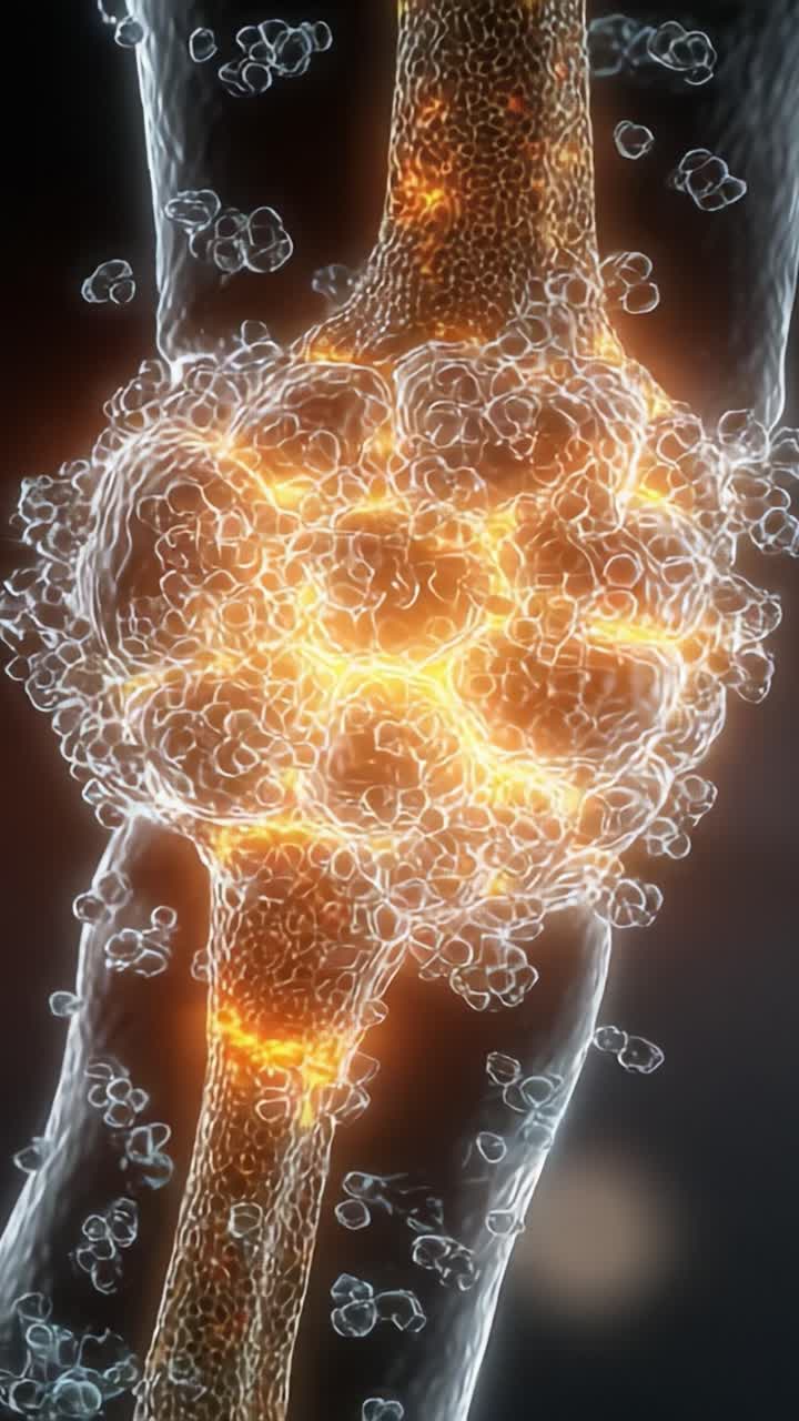 Una visualizzazione straordinaria dell'anatomia articolare che mostra una struttura di collagene luminosa circondata da una fluidodinamica dinamica in una prospettiva microscopica