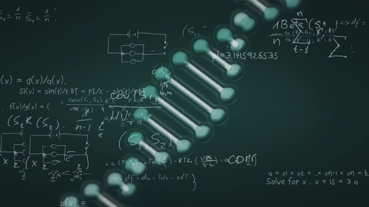 animación de fórmulas matemáticas y formas que se mueven en el adn sobre un fondo negro