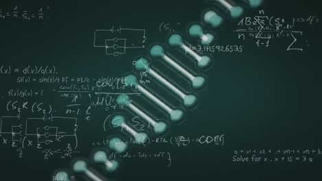 animation of mathematical formula and shapes moving on dna on black background