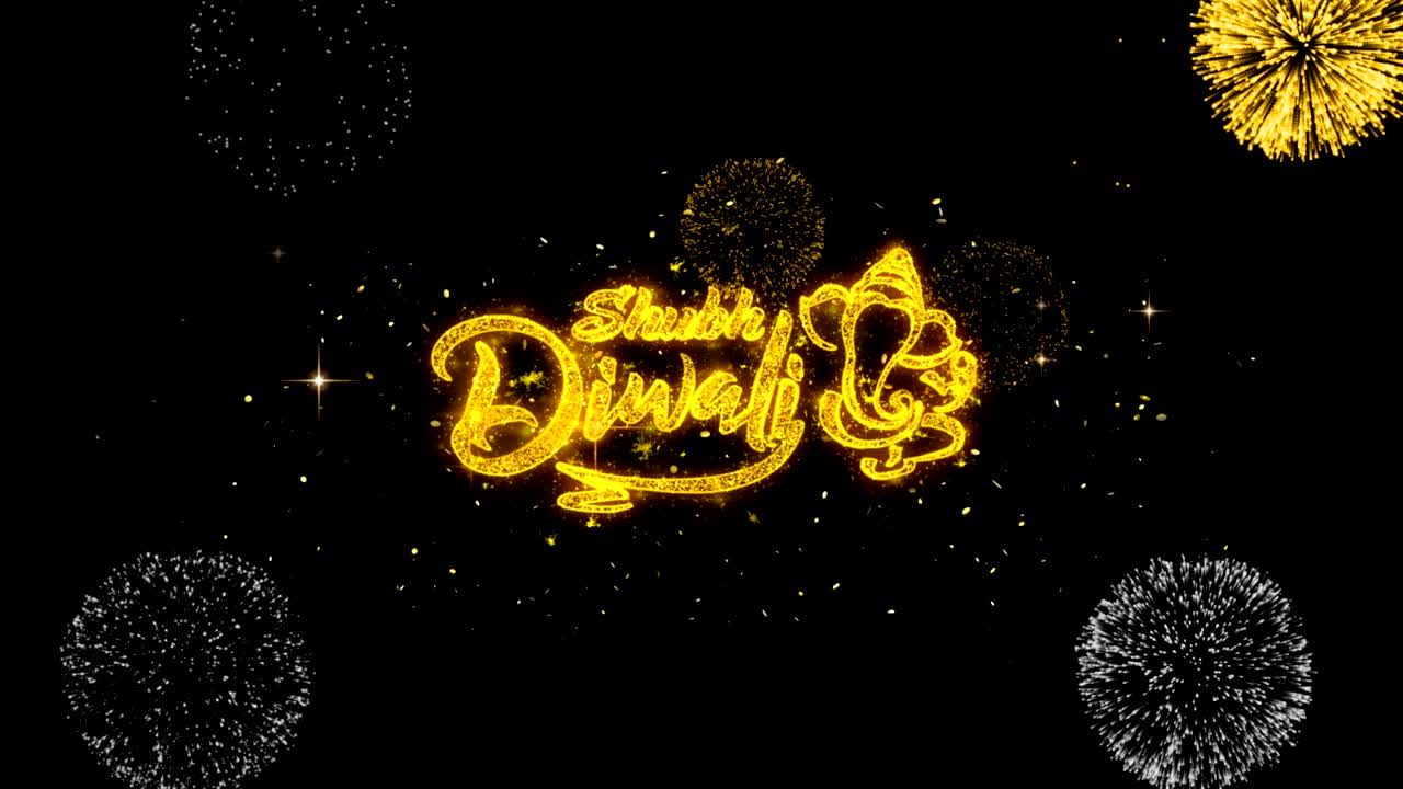 Shubh Diwali 2 Text Particals  Golden Text Blinking Particles with Golden Fireworks Display