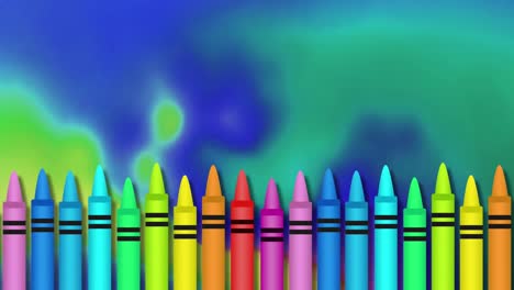 animación de una fila de lápices de colores múltiples sobre un fondo azul y verde