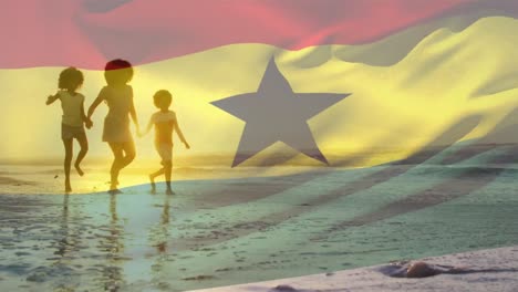 Animación-De-La-Bandera-De-Ghana-Sobre-Una-Familia-Afroamericana-En-La-Playa.