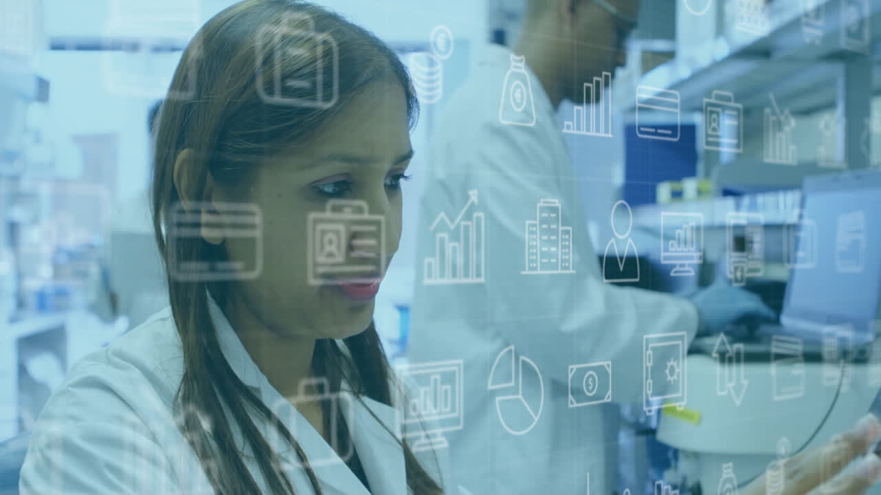 In school lab, scientists processing data with animation icons overlay on screen
