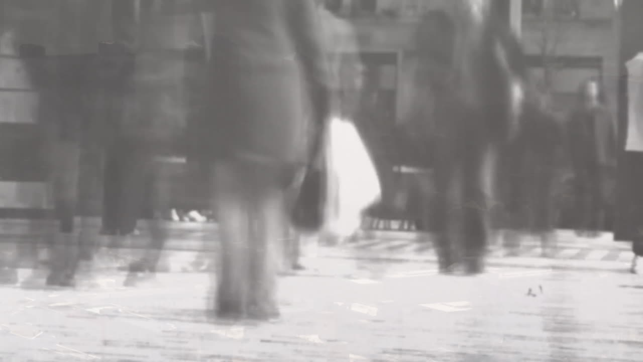 Crowd of people walking, blurred motion animation over city street