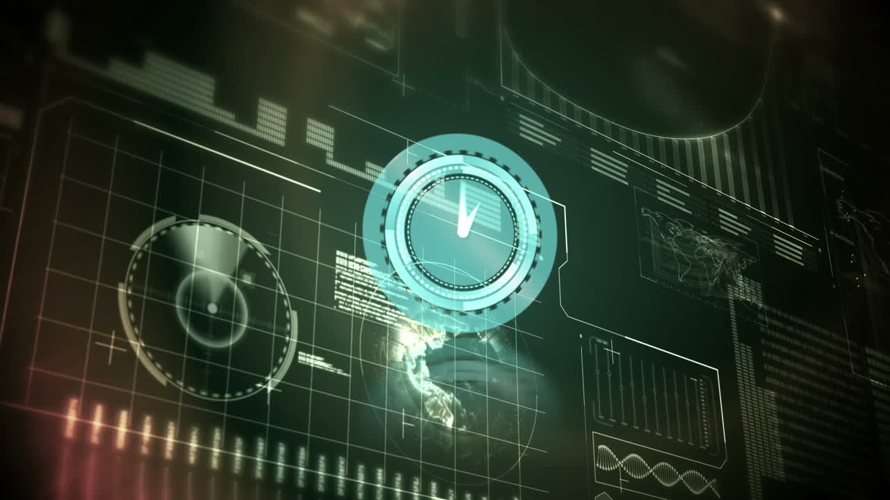 Animation of clock moving fast and data processing over screen