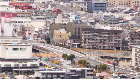 aerial view of cityscape with passing trains