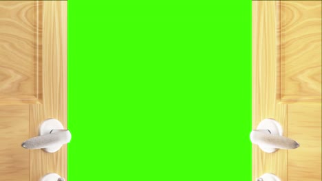 cerrar. puerta de madera de doble apertura con manijas de cromo en fondo verde. puerta se abre y llena el espacio con blanco brillante. elección, negocios, éxito, carrera, seguridad, concepto de esperanza. puerta abierta 4k