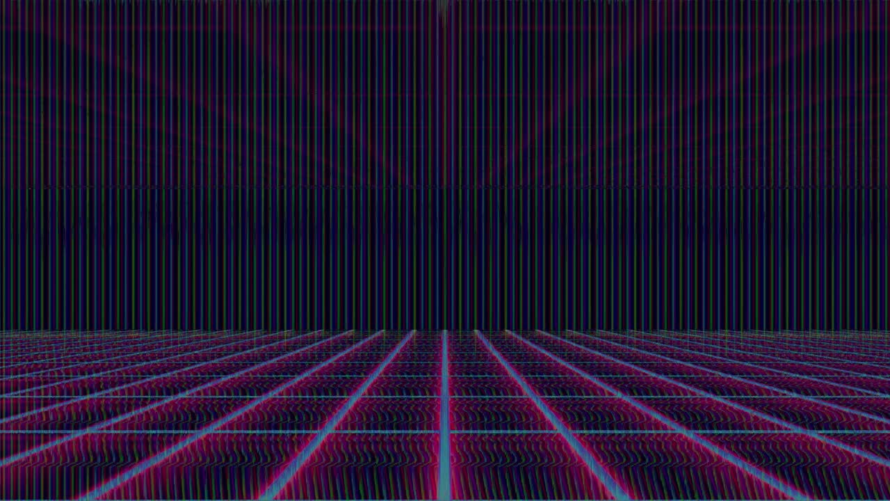 Sfondo a griglia con glitch in stile Vaporwave e distorsione digitale al neon