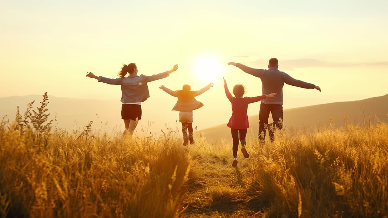 Happy family running through a meadow at sunset