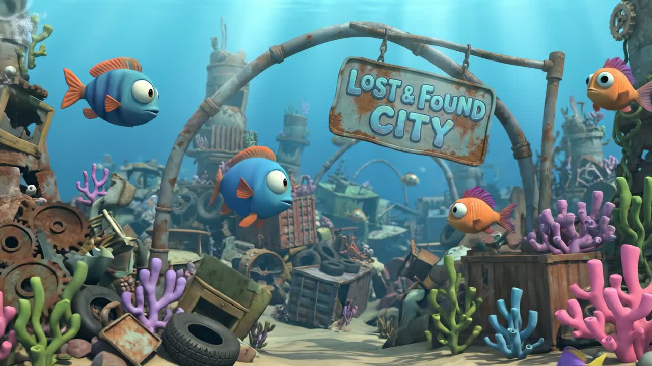 Dibujos animados de peces nadando en una ciudad submarina de objetos perdidos