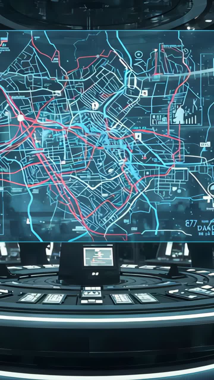 Vertical video: Lighting monitor activating city map hologram in control room, showing route data