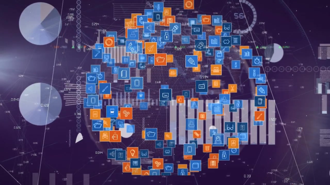 Animation of data processing over globe of media icons and stock market