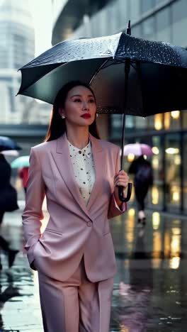 asian female businessperson balancing style and rain in the city.