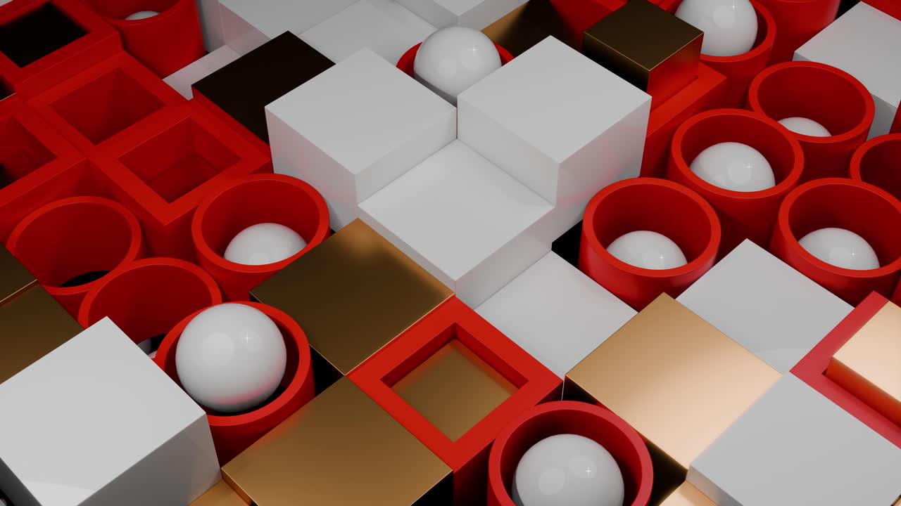 Red White Gold Geometric Mosaic Of Interlocking Cubes And Circular Pockets Holding Glossy White Spheres. Design