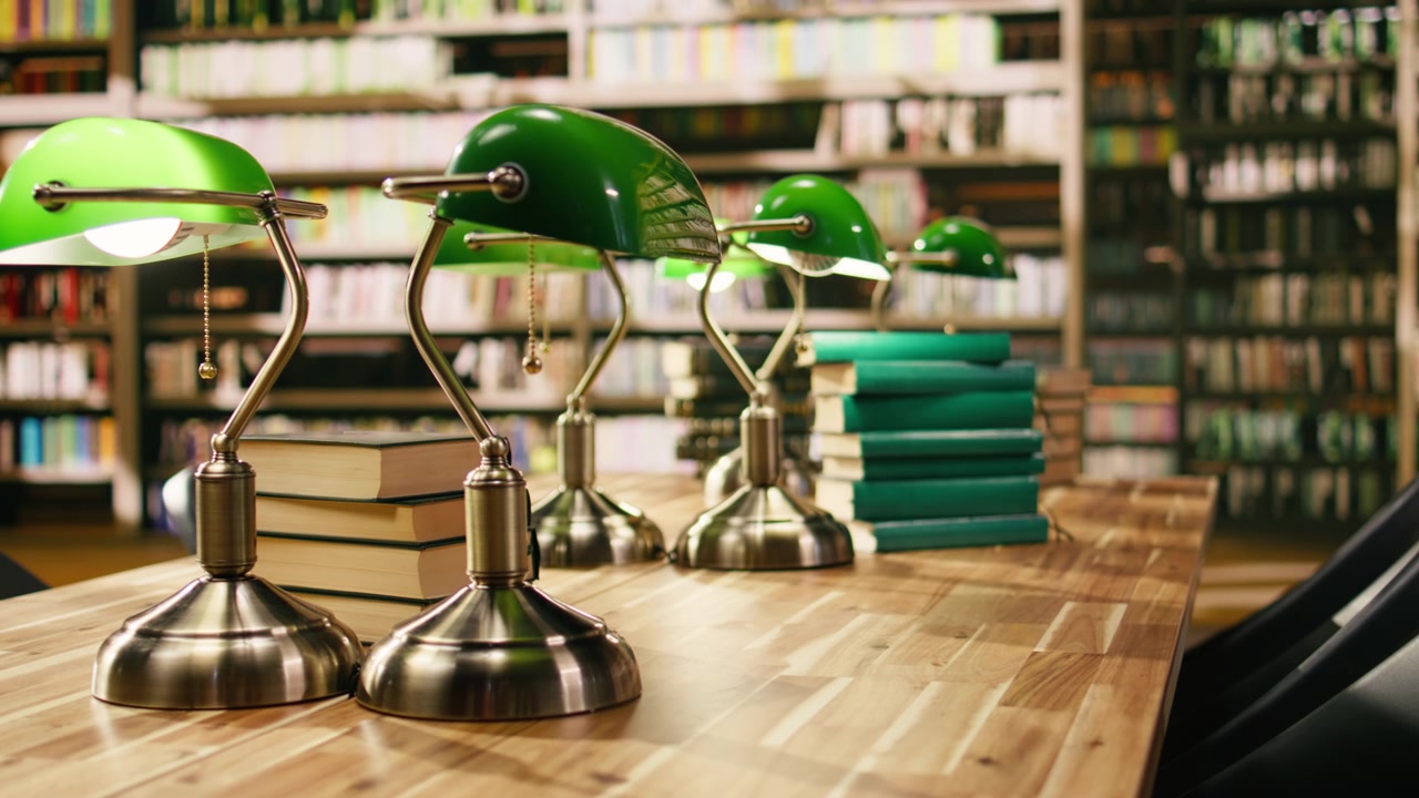 Stack of books placed on wooden library desk beneath green lamps