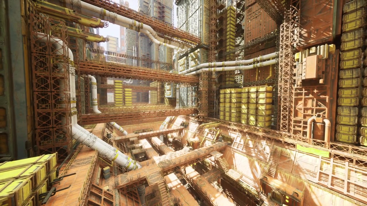 Sunlit logistical yard filled with organized barrels and crisscrossing pipes