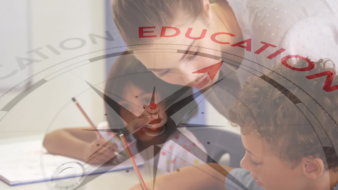 Animação de bússola com texto sobre crianças em idade escolar diversas e professor.