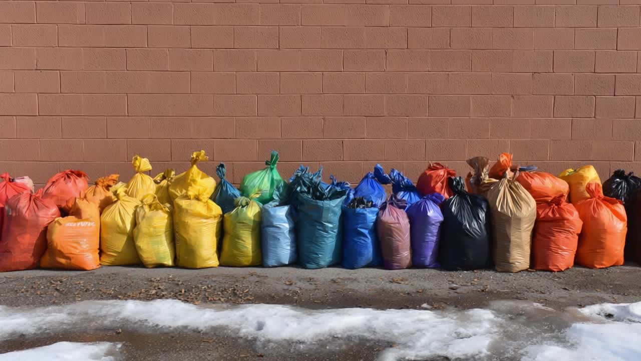 A Vibrant Display of Colorful Bags Lined Up Against a Wall, Showcasing Various Bright Hues in a Neat Arrangement, Creating a Striking Visual Contrast with the Background and Snowy Ground